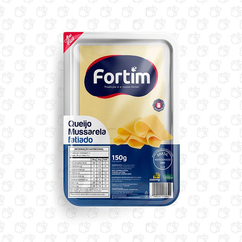Embalagem de Queijo Mussarela Fatiado Fortim de 150g com informações nutricionais.