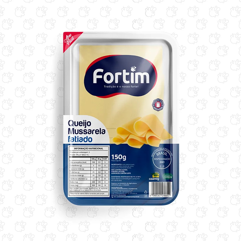 Embalagem de Queijo Mussarela Fatiado Fortim de 150g com informações nutricionais.